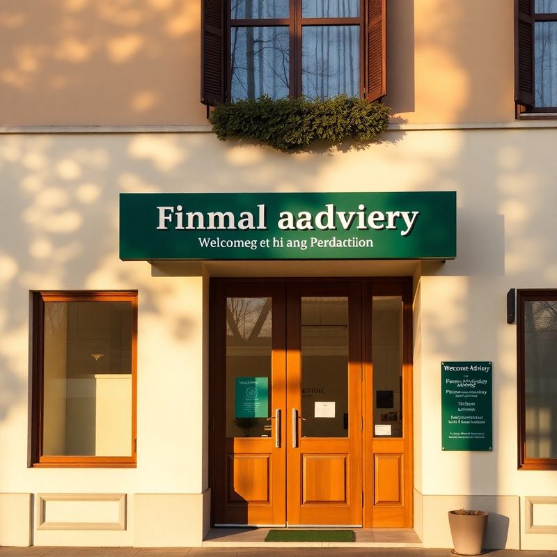 Intrarea birou AdvisoryTrajectory cu signalistică verde-pădure și fațadă crem în Timișoara