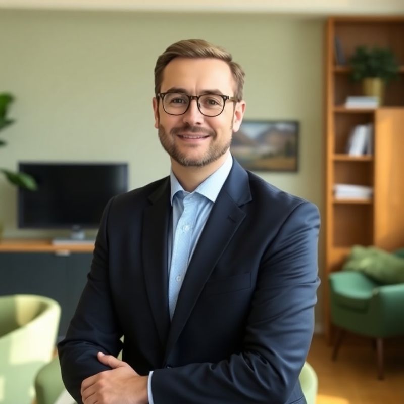 Consultant financiar AdvisoryTrajectory într-un birou cu tonuri de verde-pădure și crem din Timișoara