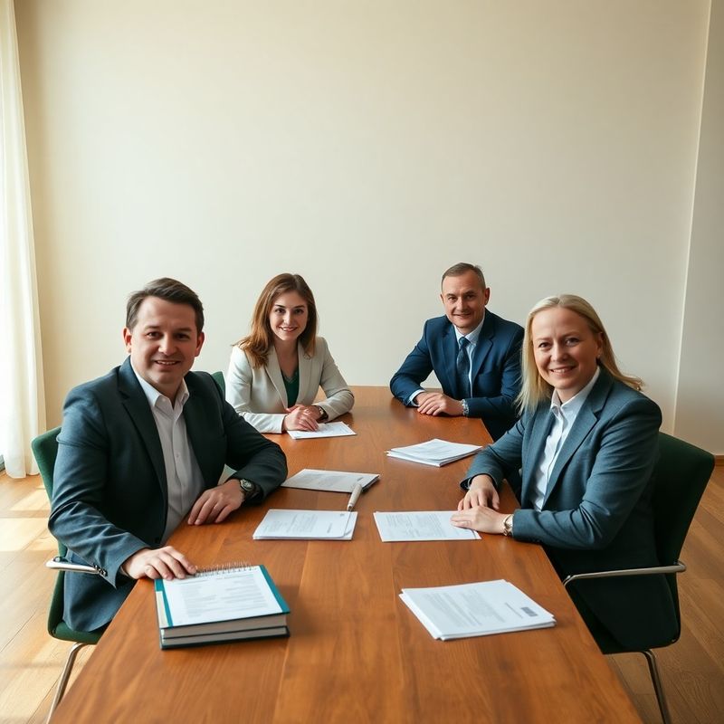 Portret de grup al patru consultanți AdvisoryTrajectory în jurul unei mese de conferință