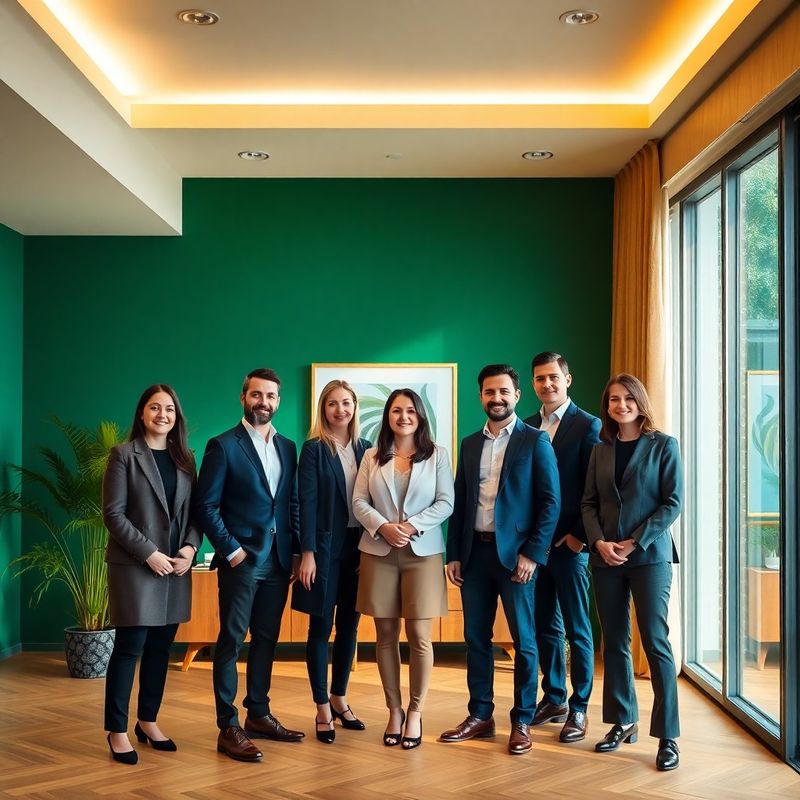 Echipa de consultanți AdvisoryTrajectory într-un birou cu tonuri verde-pădure și crem